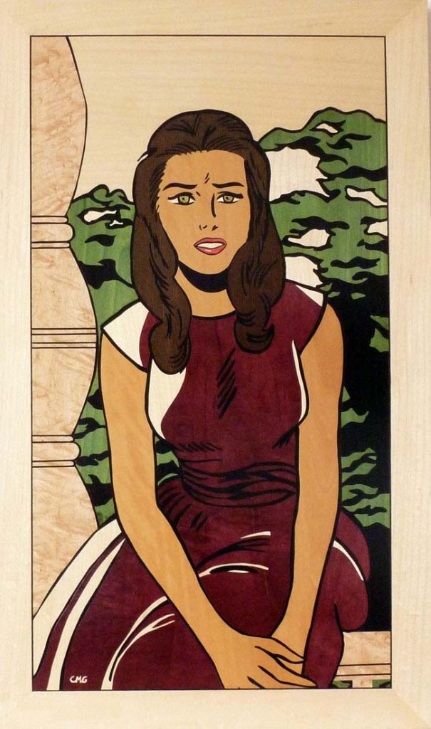 Imagen de un cuadro de marquetería de estilo moderno inspirado en Roy Lichtenstein, caracterizado por colores vivos y un diseño gráfico llamativo. Este trabajo artístico utiliza piezas de madera cortadas con precisión para recrear un efecto visual similar al del arte pop.