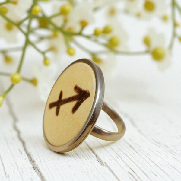 Adjustable wooden ring with Sagittarius arrow symbol for women
