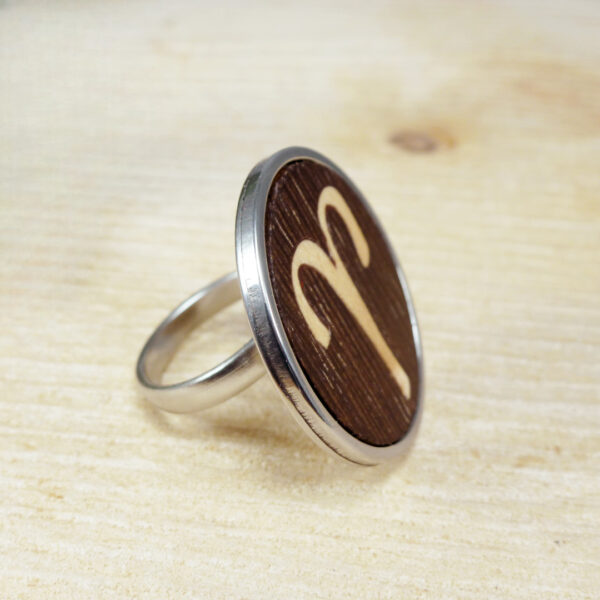 Aries birth sign ring handmade in wood with a steel base
