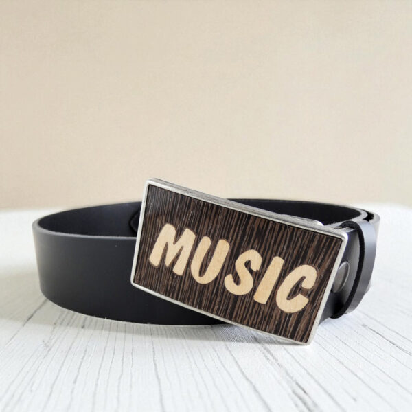 Gift idea for music lovers – belt buckle with wood inlay and black leather strap
