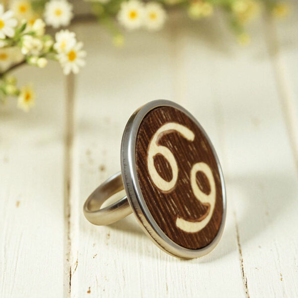 Cancer horoscope ring with wood inlay and stainless steel setting