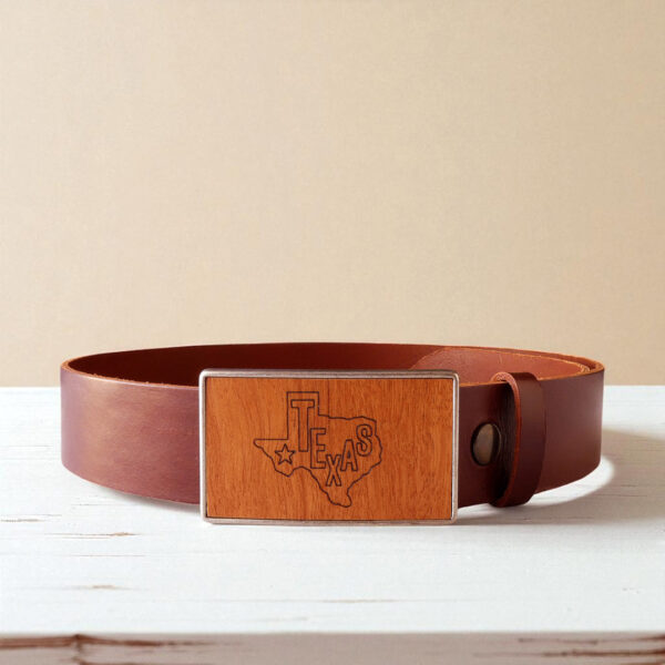 Wooden Texas map buckle in cedar with brown leather belt
