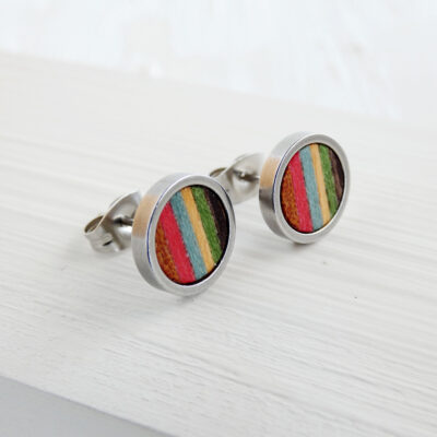 Colorful wooden earrings handcrafted from natural wood and stainless steel