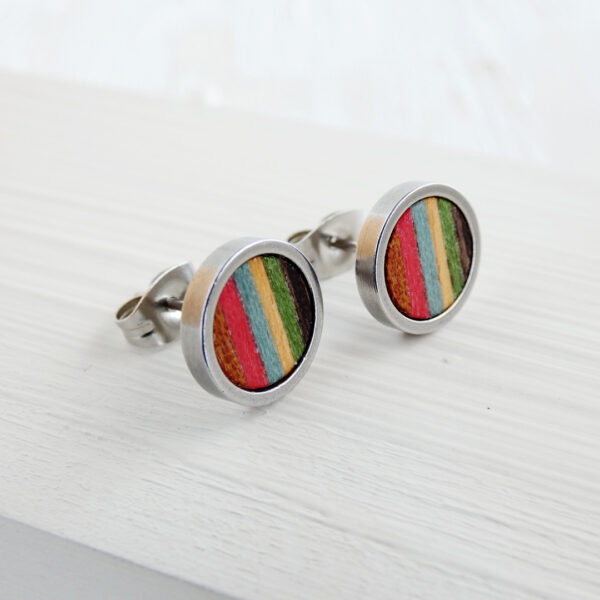Colorful wooden earrings handcrafted from natural wood and stainless steel