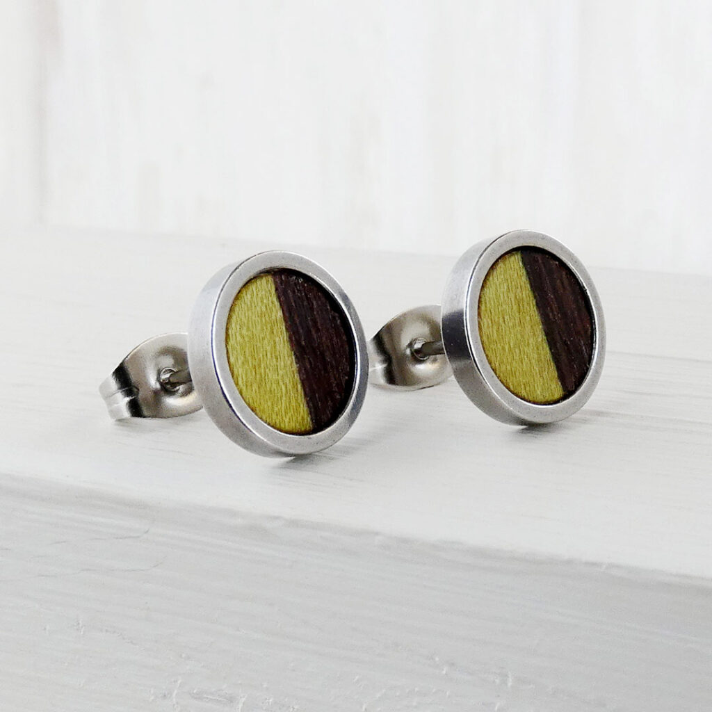 Cool stud earrings made with natural wood and stainless steel base