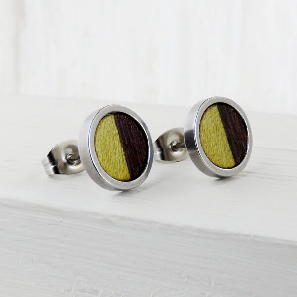 Cool stud earrings made with natural wood and stainless steel base