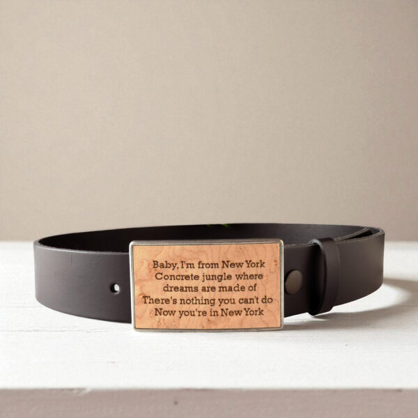 Custom wood belt buckle with black leather strap – personalized and handmade.