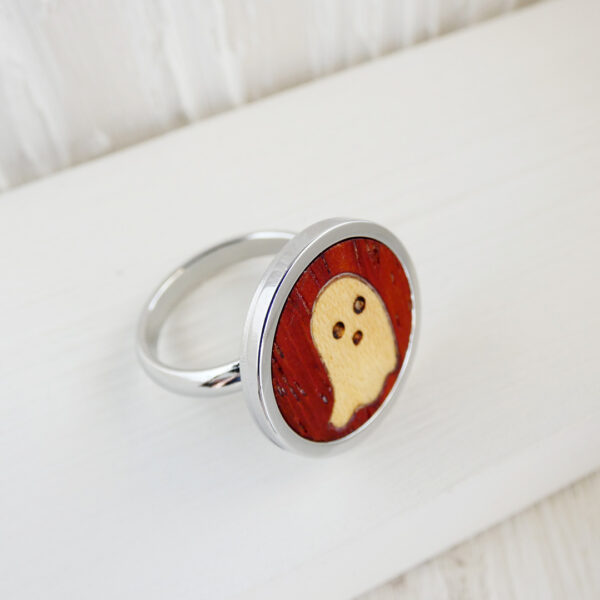 Cute handmade ghost ring with padauk wood and stainless steel