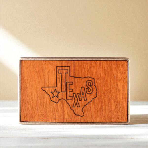 Wooden belt buckle with engraved map of Texas