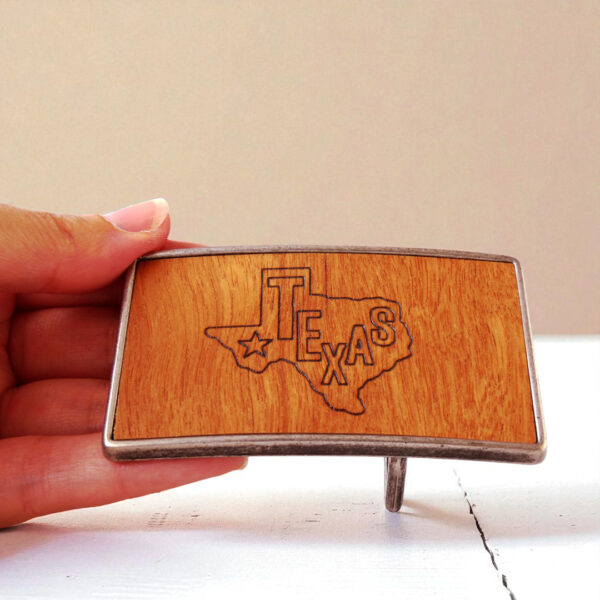 Wooden belt buckle with engraved Texas map