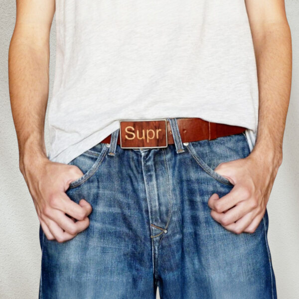 Stylish men’s belt with wooden keyboard design buckle