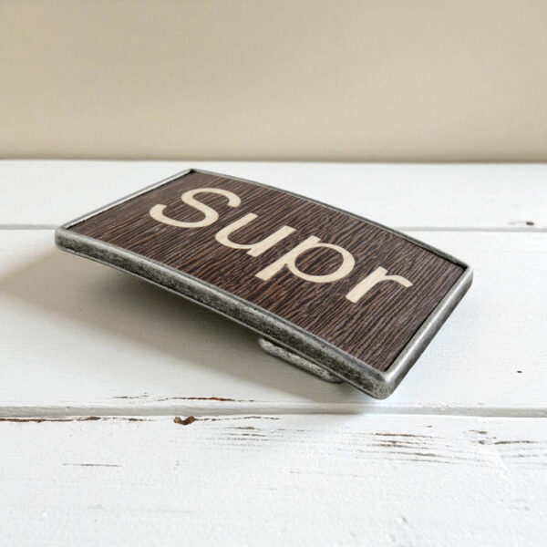 Geeky belt buckle made of wood with a minimalist keyboard key design