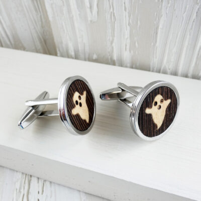 Ghost cufflinks for men with wooden inlay and stainless steel