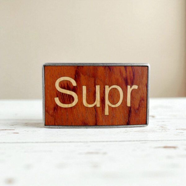 Handmade wood belt buckle with a keyboard-inspired design for tech lovers