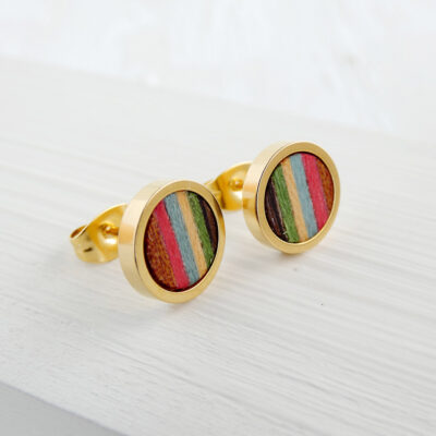 Gold plated stud earrings with colorful wood inlays