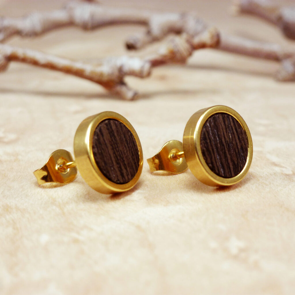 Gold plated stud earrings with wenge wood – dark wood and gold handmade jewelry