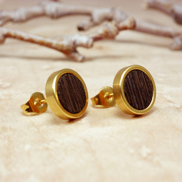 Gold plated stud earrings with wenge wood – dark wood and gold handmade jewelry