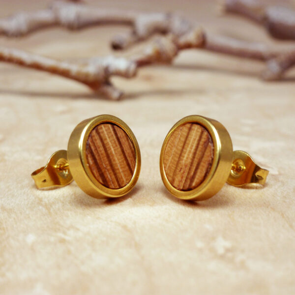 Gold plated stud earrings with zebrano wood – bold striped natural wood jewelry