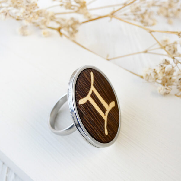 Wooden Gemini ring handcrafted in dark wenge wood and stainless steel