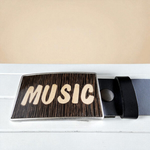 Handmade belt buckle with wood inlay and black leather strap