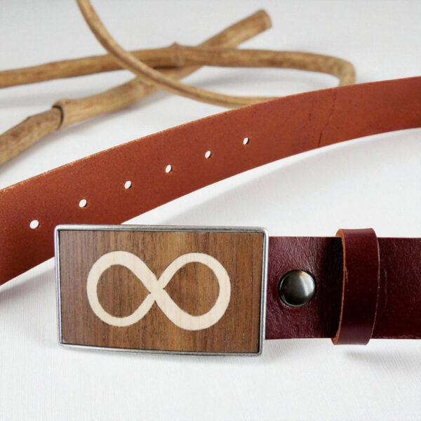 Handmade belt buckle with infinity design and brown leather strap