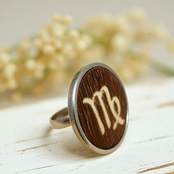 Handmade Virgo ring with wood zodiac symbol and metal finish