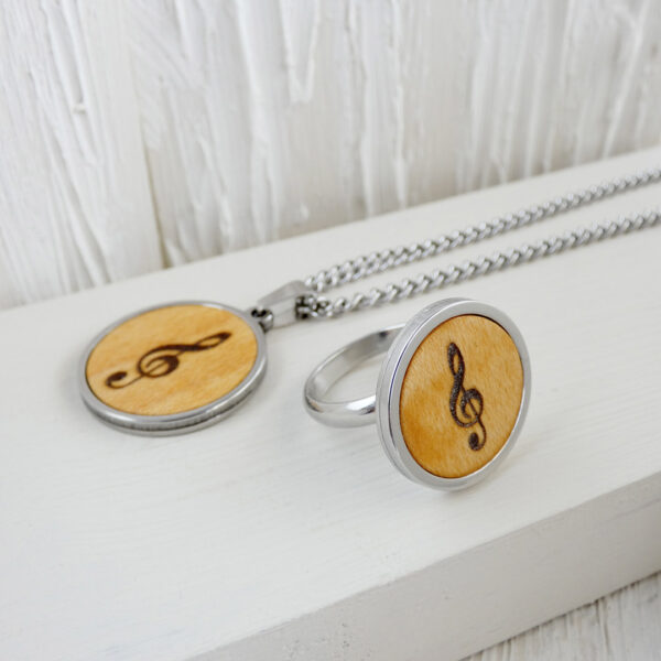 Handmade wood necklace and ring set with engraved musical symbol