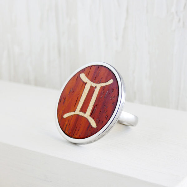 Handmade wooden Gemini ring with red padauk wood and stainless steel