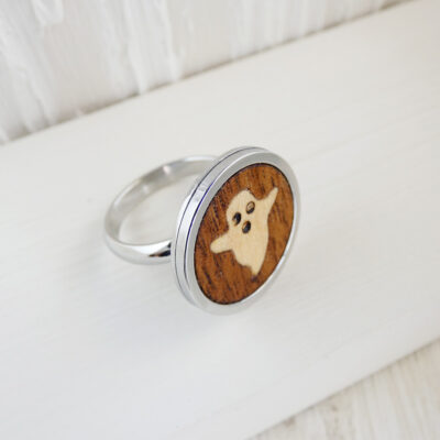 Handmade wooden ghost jewelry ring made of walnut and sycamore