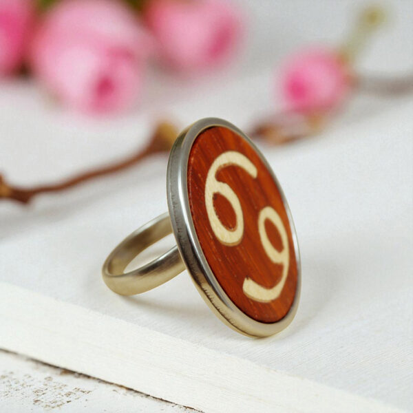 Handmade zodiac Cancer ring in stainless steel and natural wood