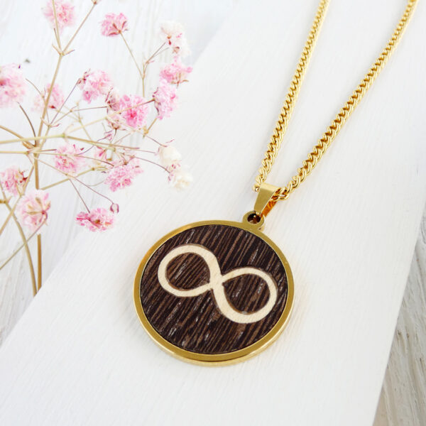 Gold infinity circle necklace with wenge and sycamore wood