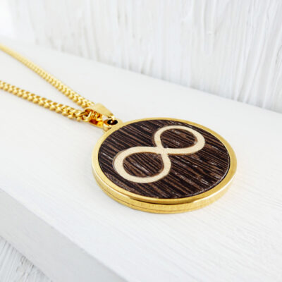 Handmade infinity pendant necklace with wenge and sycamore wood