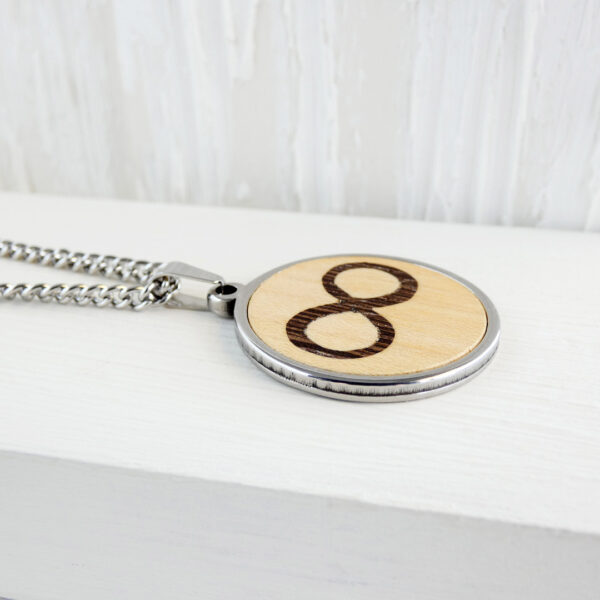 Wooden infinity pendant necklace with stainless steel finish