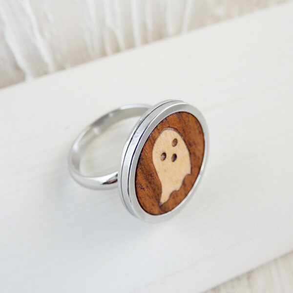 Kawaii ghost ring made with walnut wood and stainless steel