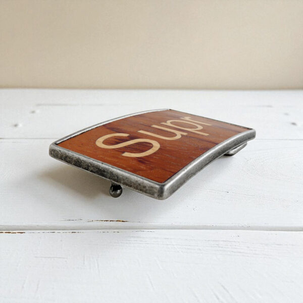 Belt buckle with marquetry keyboard key design in natural wood