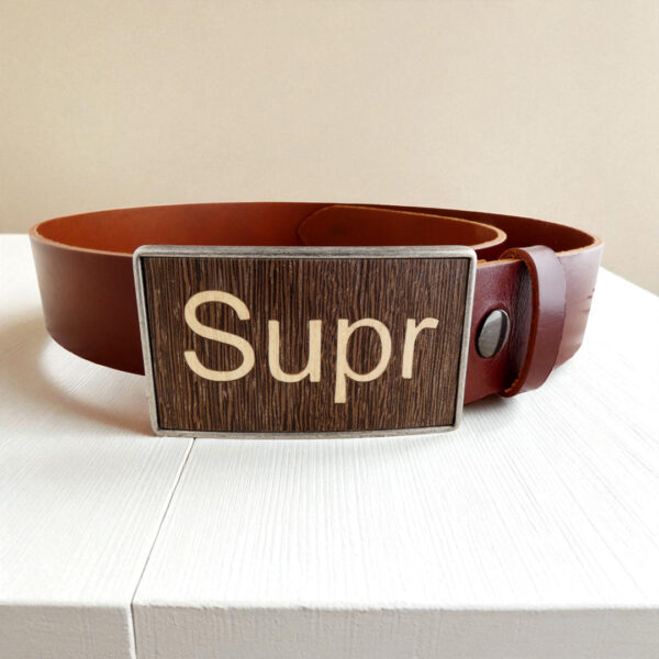 Brown leather belt with a wooden keyboard key buckle