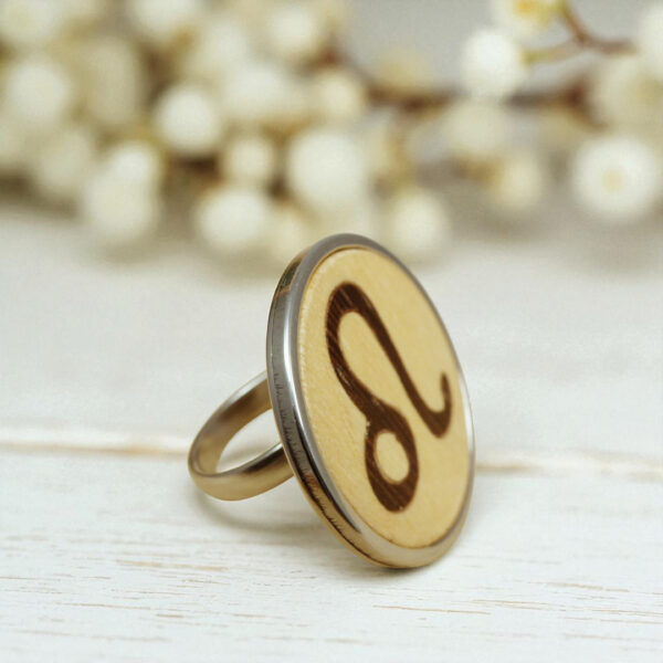 Leo astrology ring with wood zodiac symbol and steel band