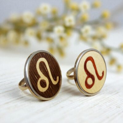 Leo zodiac jewelry ring with wood inlay and stainless steel band