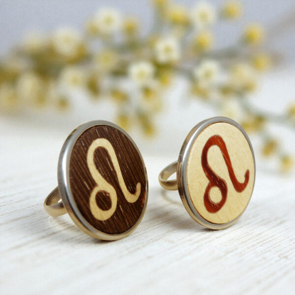 Leo zodiac jewelry ring with wood inlay and stainless steel band