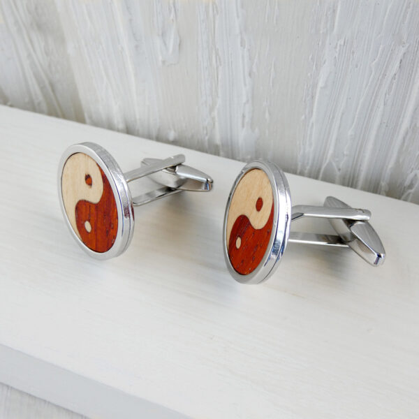 Wooden Yin Yang cufflinks made with padauk and sycamore marquetry