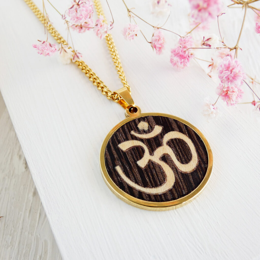 Meaningful Om jewelry gift handmade with natural wood and metal finish