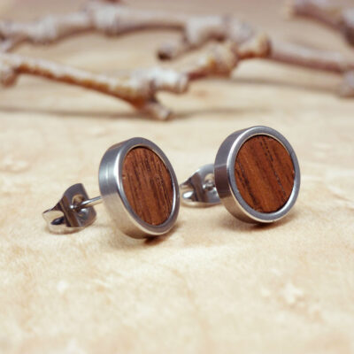 Men's wood stud earrings made of walnut wood and stainless steel