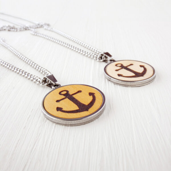 Minimalist anchor necklace featuring a wooden engraved pendant