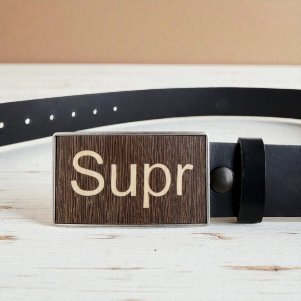 Wooden Keyboard Belt Buckle – Modern black leather belt with wooden keyboard buckle