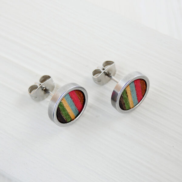 Modern wooden earrings handcrafted with vibrant wood colors