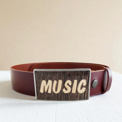 Handmade music belt buckle with natural wood inlay and brown leather strap