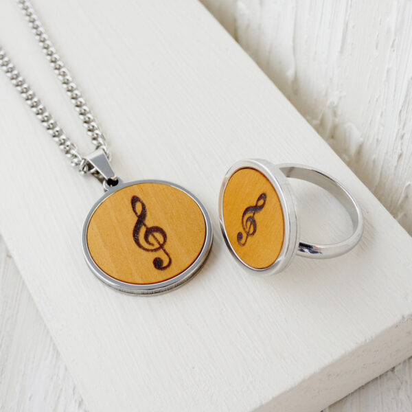 Music note jewelry gift with engraved wooden necklace and ring