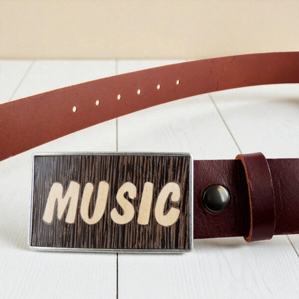 Wooden belt buckle with the word MUSIC and brown leather strap