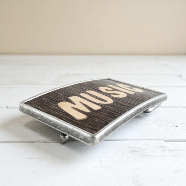 Wooden music belt buckle with handcrafted marquetry letters