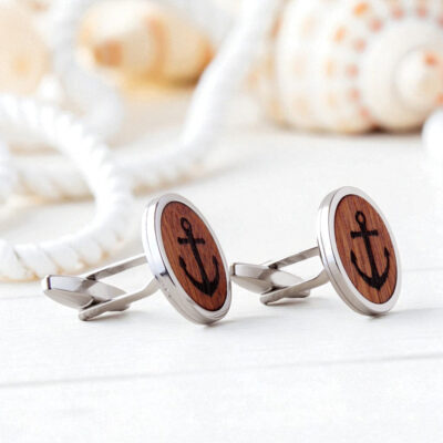 Nautical anchor cufflinks featuring a clean engraved motif and polished finish